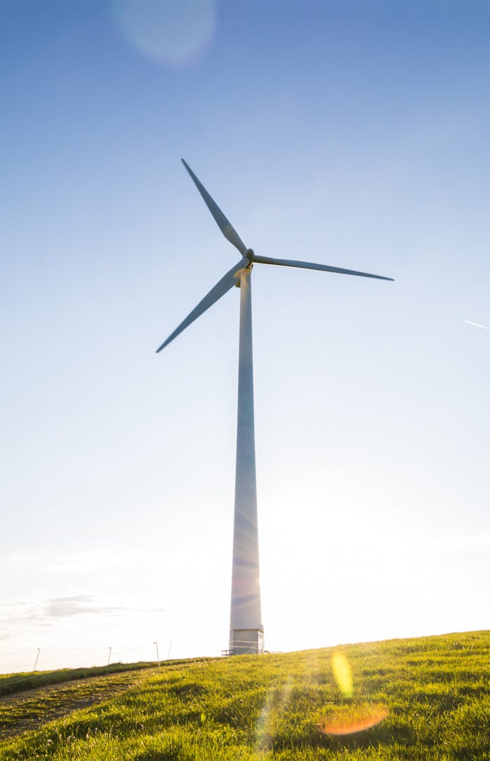 A wind turbine on a grassy hill with a clear blue sky symbolizes renewable energy.